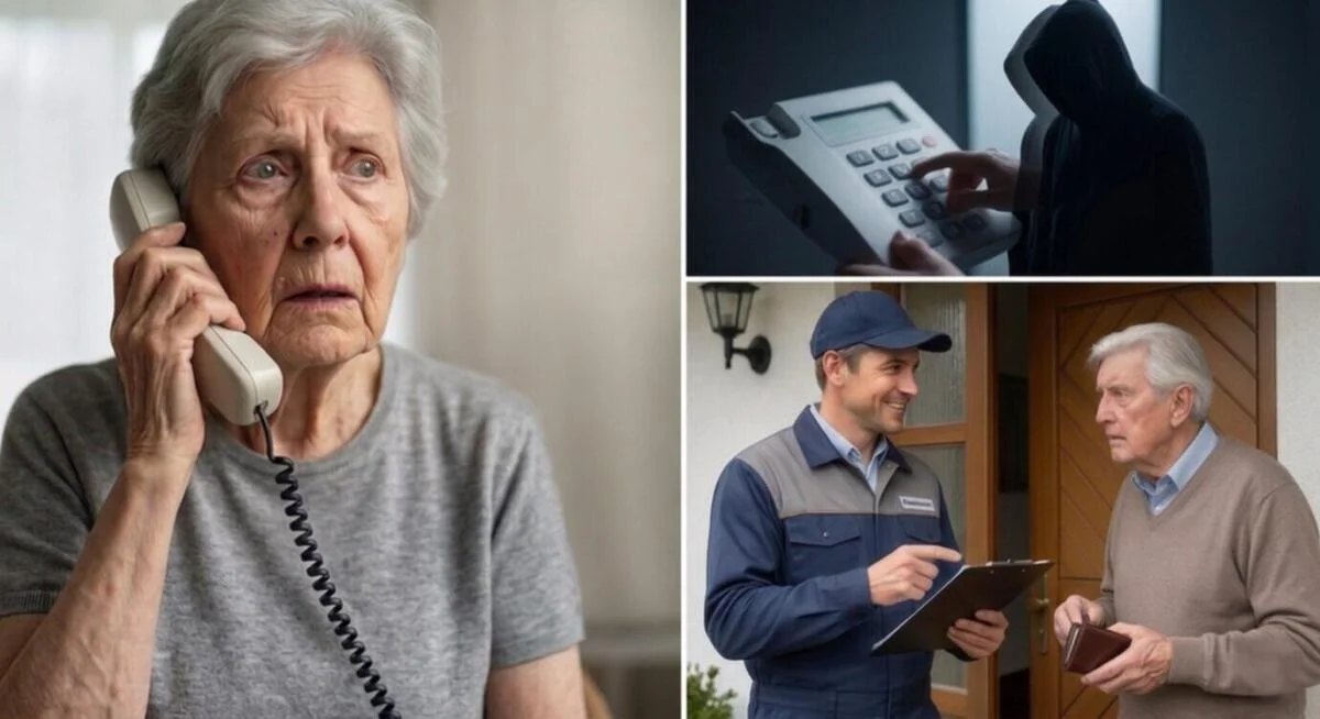 Collage zu Schockanruf, Telefonbetrug und Haustürbetrug