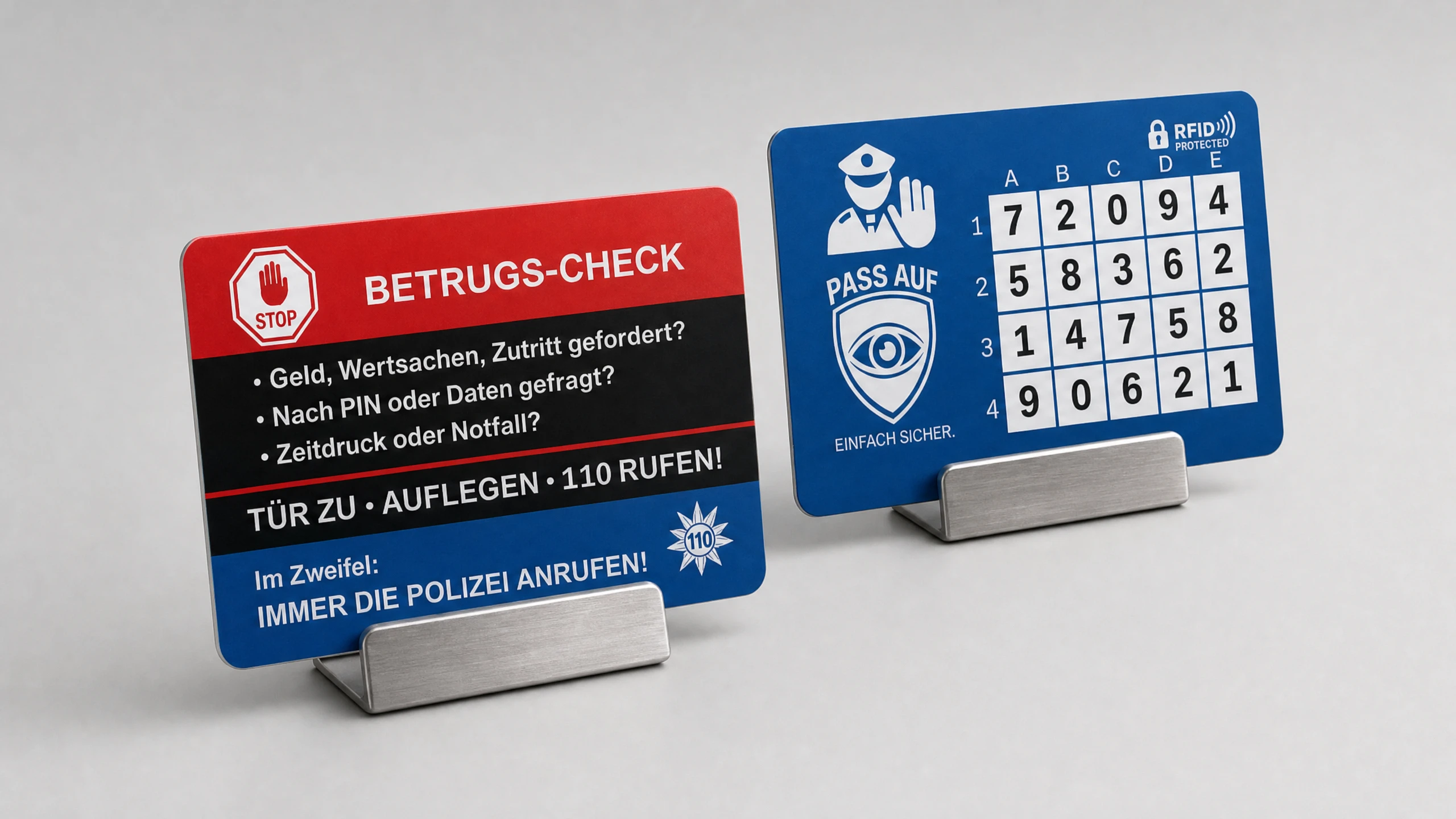 Vorder- und Rückseite der Intelligenten Schutzkarte mit Betrugsschutz und analogem PIN-SAFE